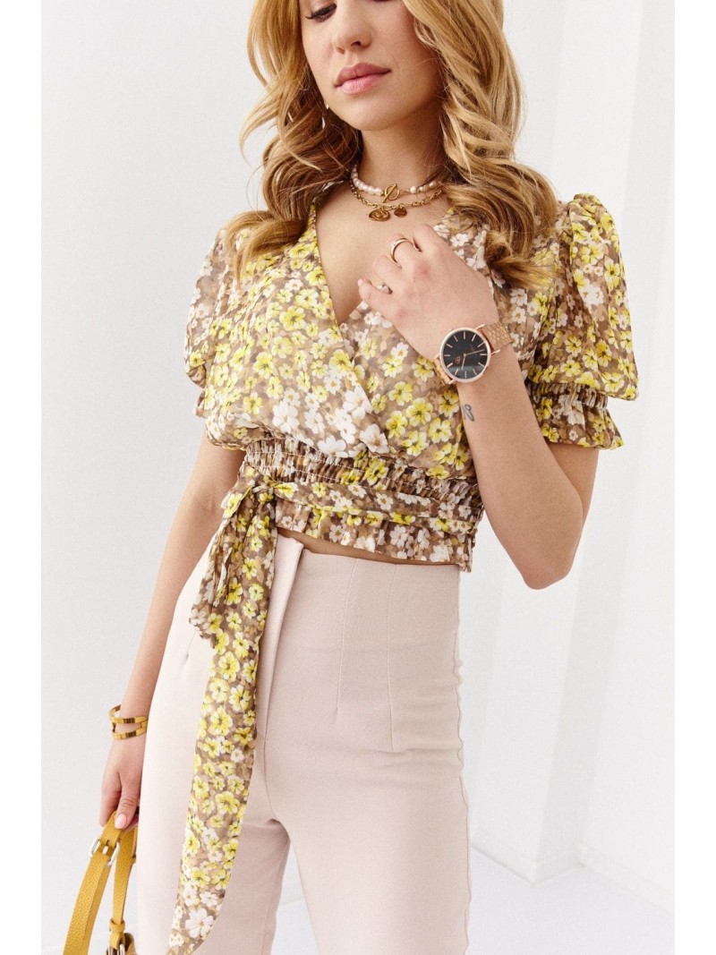 Bluza scurta plic floral cu curea, bej si galben 02041 - Magazin online - Boutique